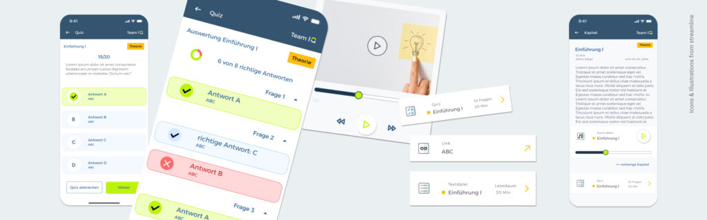 Verschiedene Screens der TeamIQ App