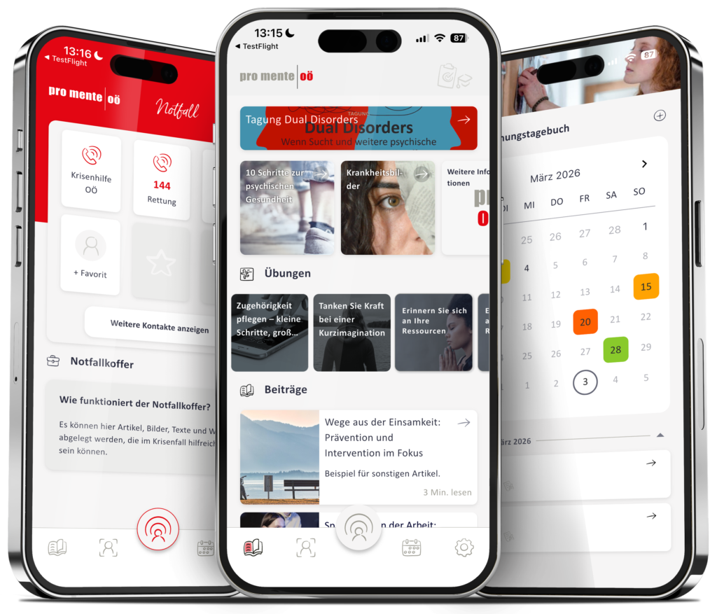 pro mente OÖ App auf 3 iPhones dargestellt